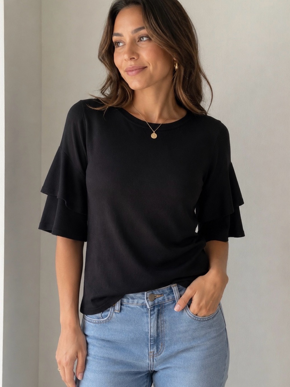 New York & Company Black Layered Flutter Sleeve Knit Top XS